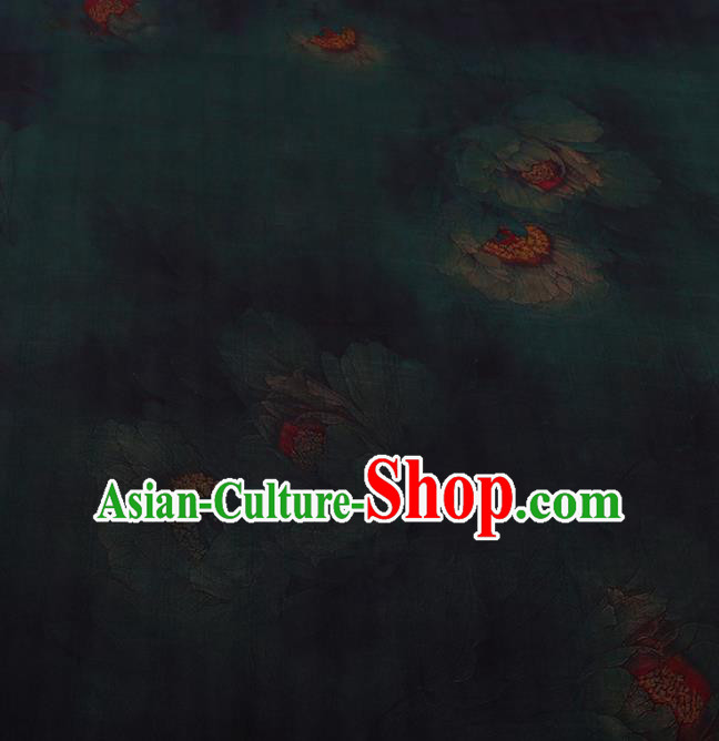 Chinese Traditional Drapery Atrovirens Silk Fabric Palace Lotus Pattern Cheongsam Satin Plain Gambiered Guangdong Gauze