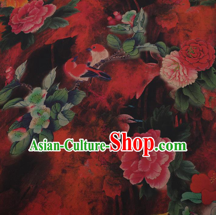 Chinese Traditional Cheongsam Drapery Red Silk Fabric Palace Peony Birds Pattern Satin Plain Gambiered Guangdong Gauze