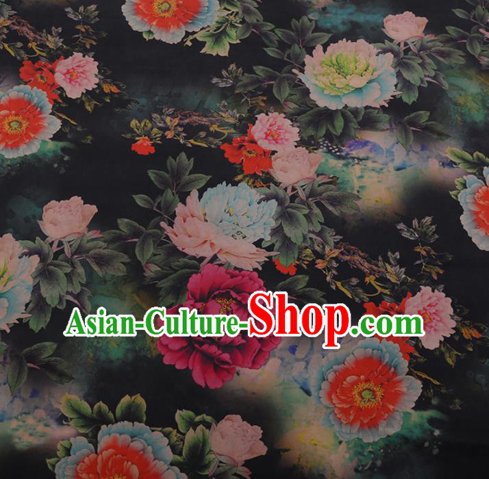 Chinese Classical Cheongsam Drapery Black Silk Fabric Traditional Peony Pattern Satin Plain Gambiered Guangdong Gauze