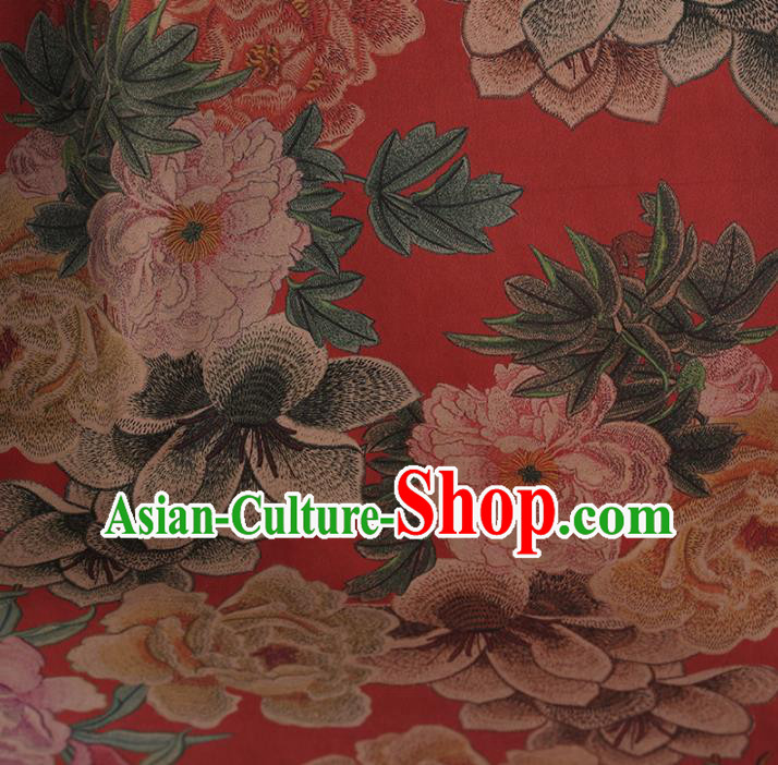 Chinese Classical Red Satin Plain Cheongsam Drapery Silk Fabric Traditional Peony Pattern Gambiered Guangdong Gauze