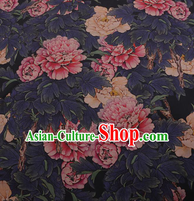 Chinese Classical Navy Satin Plain Cheongsam Drapery Silk Fabric Traditional Peony Pattern Gambiered Guangdong Gauze