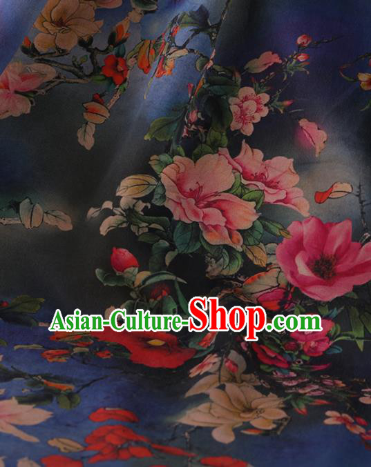 Chinese Classical Navy Satin Plain Cheongsam Drapery Silk Fabric Traditional Peony Pattern Gambiered Guangdong Gauze