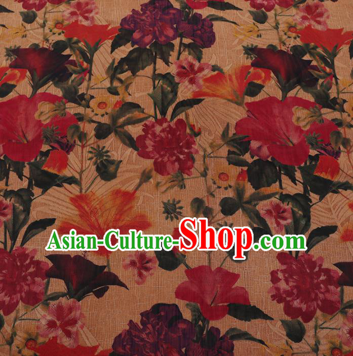 Chinese Classical Yellow Satin Plain Traditional Flowers Pattern Cheongsam Drapery Silk Fabric Gambiered Guangdong Gauze