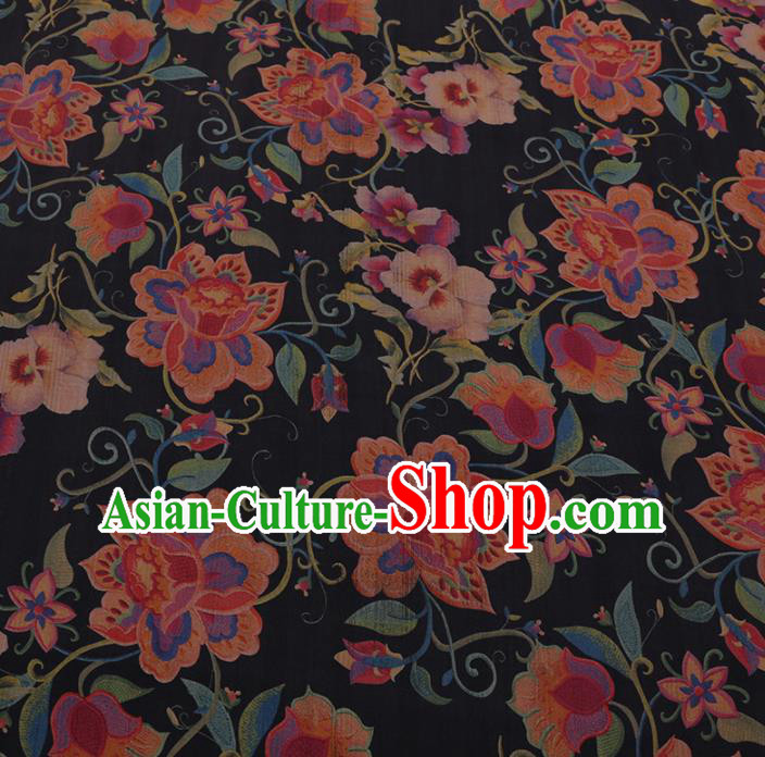 Chinese Classical Black Satin Plain Traditional Phalaenopsis Pattern Cheongsam Drapery Silk Fabric Gambiered Guangdong Gauze