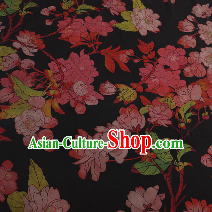 Chinese Classical Black Satin Plain Traditional Peach Blossom Pattern Cheongsam Drapery Silk Fabric Gambiered Guangdong Gauze