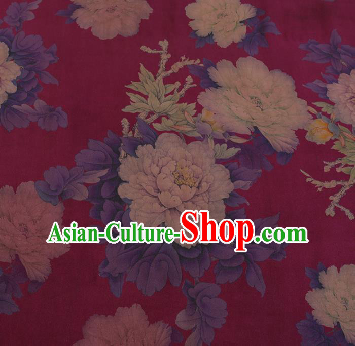 Chinese Classical Amaranth Satin Plain Traditional Peony Pattern Cheongsam Drapery Silk Fabric Gambiered Guangdong Gauze