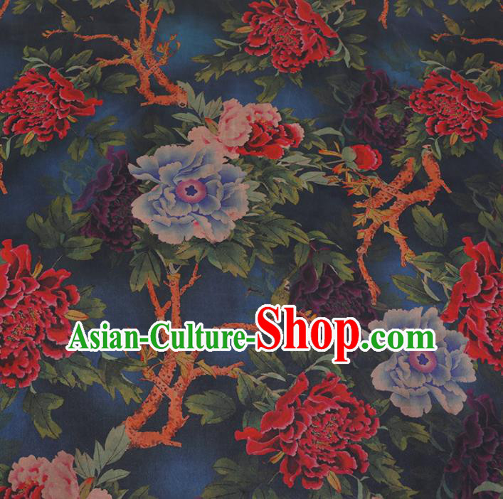 Chinese Classical Blue Satin Plain Traditional Peony Flowers Pattern Cheongsam Drapery Silk Fabric Gambiered Guangdong Gauze