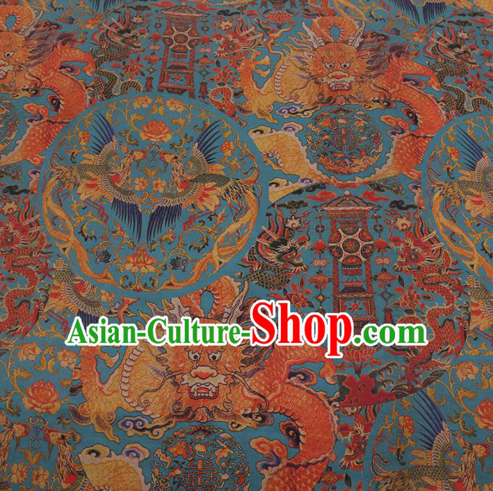 Chinese Classical Blue Satin Plain Traditional Dragon Phoenix Pattern Cheongsam Drapery Silk Fabric Gambiered Guangdong Gauze