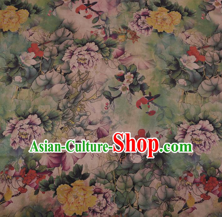 Chinese Classical Green Silk Fabric Traditional Peony Pattern Satin Plain Cheongsam Drapery Gambiered Guangdong Gauze