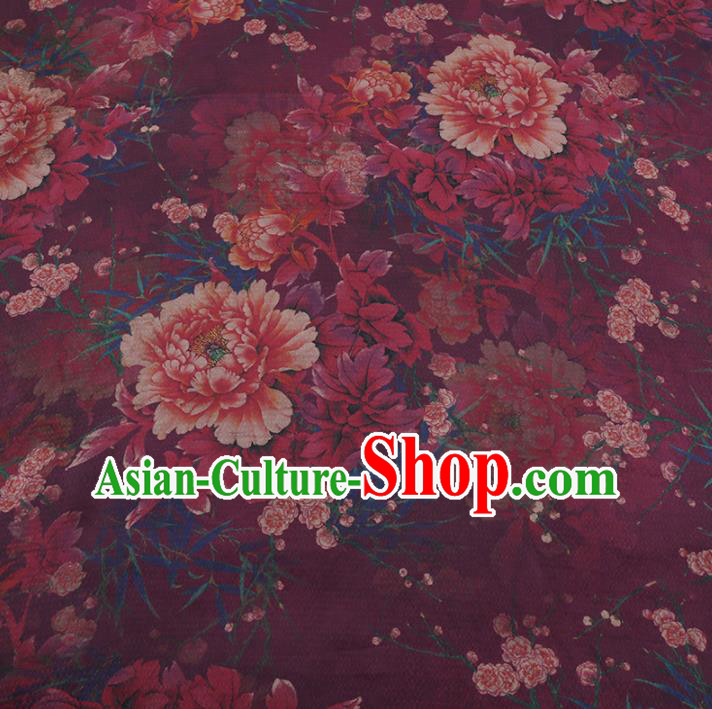Chinese Classical Purple Silk Fabric Traditional Peony Pattern Satin Plain Cheongsam Drapery Gambiered Guangdong Gauze