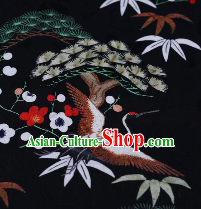 Chinese Classical Black Silk Fabric Traditional Cranes Pine Pattern Satin Plain Cheongsam Drapery Gambiered Guangdong Gauze