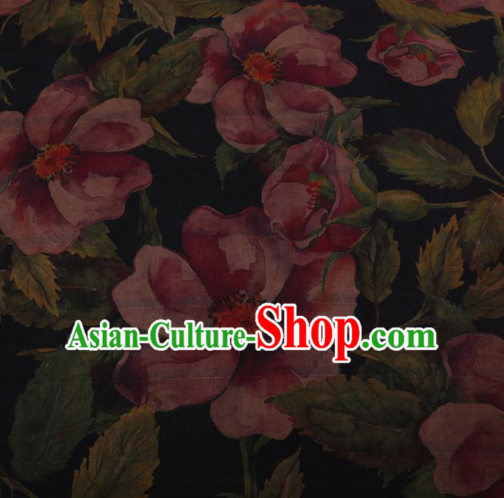 Chinese Traditional Silk Fabric Classical Flowers Pattern Black Satin Plain Cheongsam Drapery Gambiered Guangdong Gauze