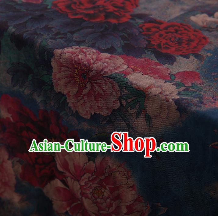 Chinese Traditional Silk Fabric Classical Peony Pattern Blue Satin Plain Cheongsam Drapery Gambiered Guangdong Gauze