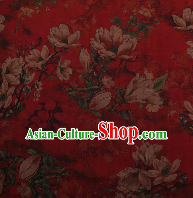 Chinese Traditional Silk Fabric Classical Magnolia Pattern Red Satin Plain Cheongsam Drapery Gambiered Guangdong Gauze
