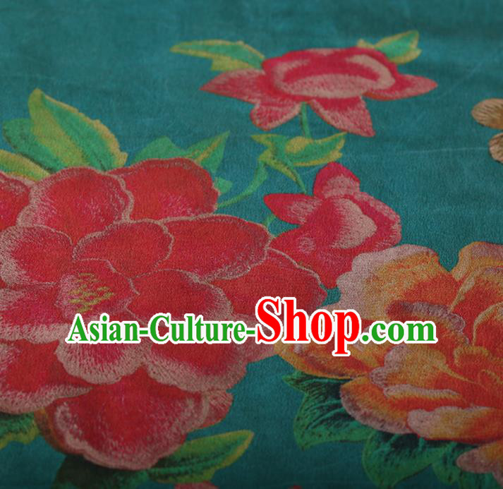 Chinese Traditional Silk Fabric Classical Peony Pattern Green Satin Plain Cheongsam Drapery Gambiered Guangdong Gauze