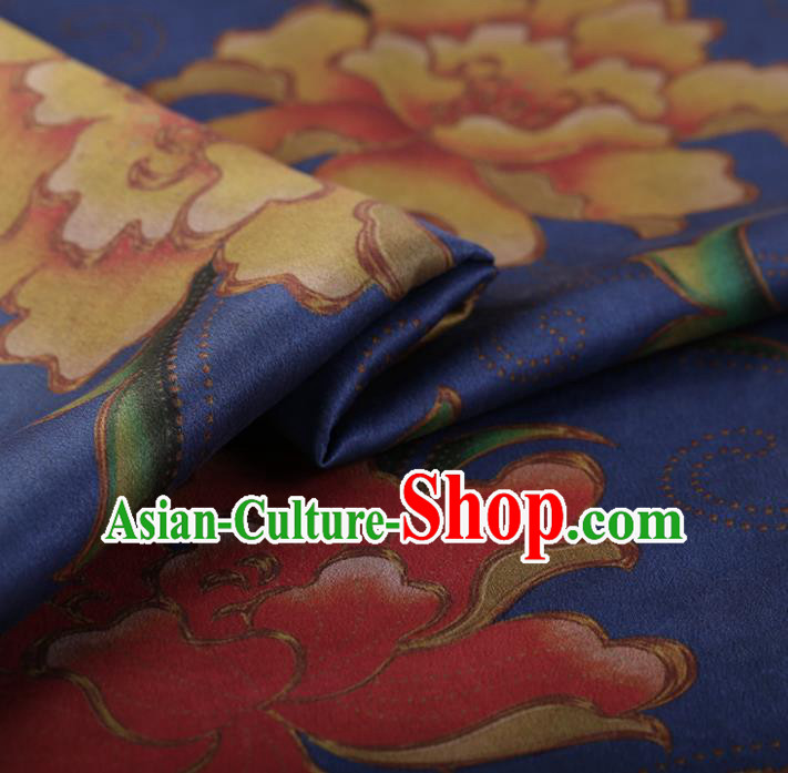 Chinese Traditional Silk Fabric Classical Peony Pattern Royalblue Satin Plain Cheongsam Drapery Gambiered Guangdong Gauze