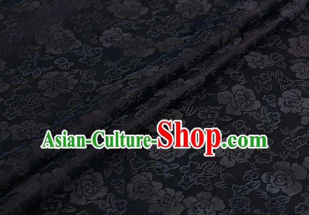 Chinese Classical Black Silk Fabric Traditional Roses Pattern Satin Plain Cheongsam Drapery Gambiered Guangdong Gauze