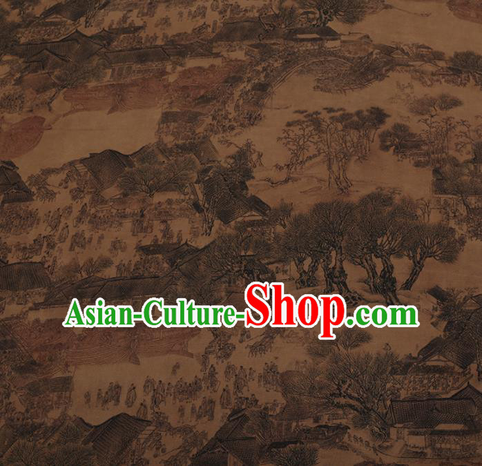 Chinese Classical Silk Fabric Traditional Riverside Scene at Qingming Festival Pattern Satin Plain Cheongsam Drapery Gambiered Guangdong Gauze