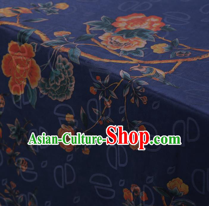 Chinese Classical Silk Fabric Traditional Peony Pattern Blue Satin Plain Cheongsam Drapery Gambiered Guangdong Gauze