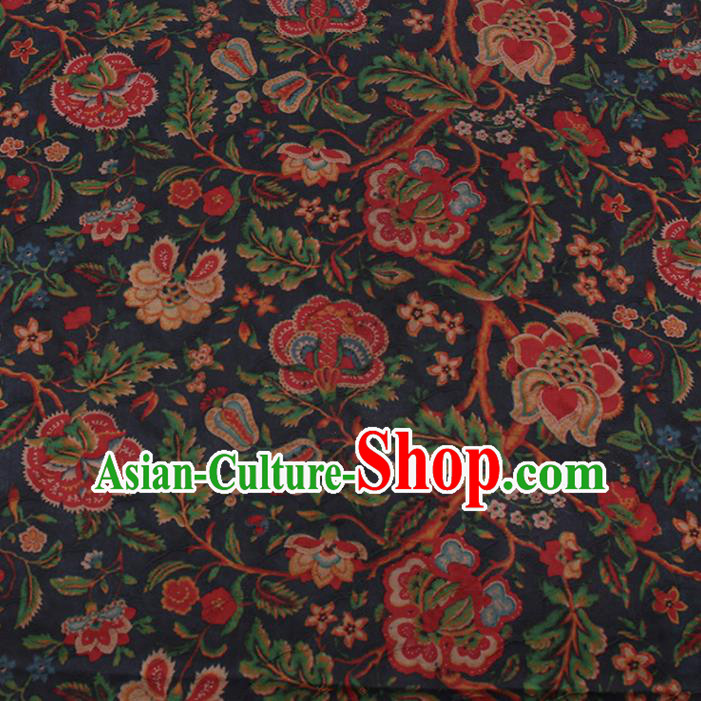 Chinese Classical Navy Silk Fabric Traditional Peony Pattern Satin Plain Cheongsam Drapery Gambiered Guangdong Gauze