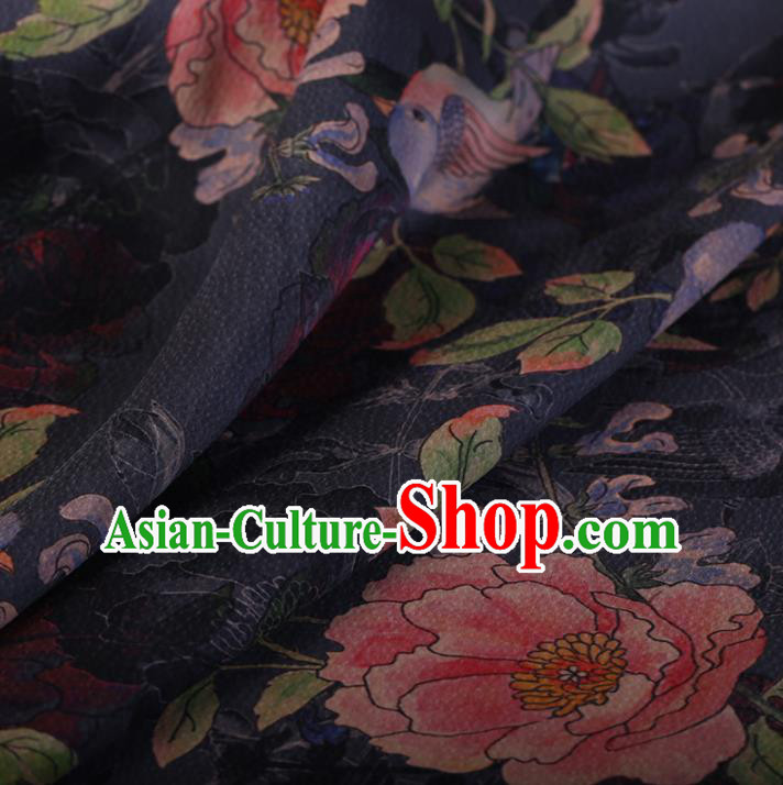 Chinese Traditional Silk Fabric Classical Peony Pattern Navy Satin Plain Cheongsam Drapery Gambiered Guangdong Gauze