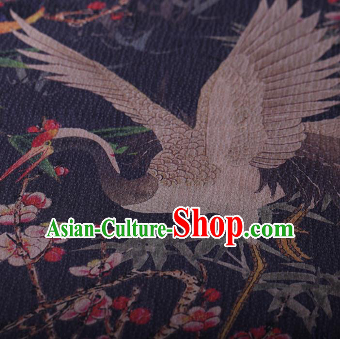 Chinese Traditional Silk Fabric Classical Crane Plum Blossom Pattern Navy Satin Plain Cheongsam Drapery Gambiered Guangdong Gauze