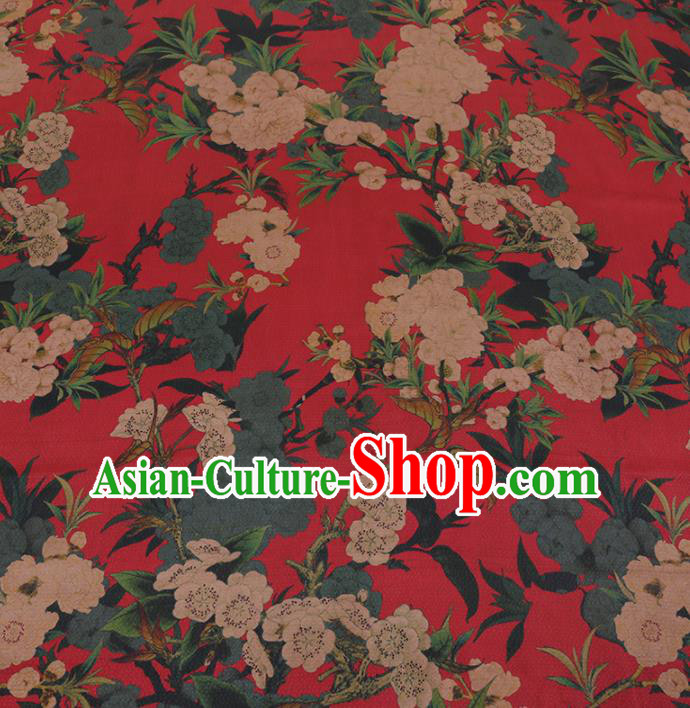 Chinese Traditional Silk Fabric Classical Crane Peach Blossom Pattern Red Satin Plain Cheongsam Drapery Gambiered Guangdong Gauze