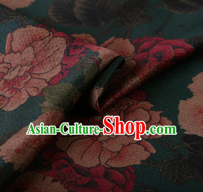 Asian Chinese Silk Fabric Traditional Classical Peony Pattern Green Satin Plain Cheongsam Drapery Gambiered Guangdong Gauze