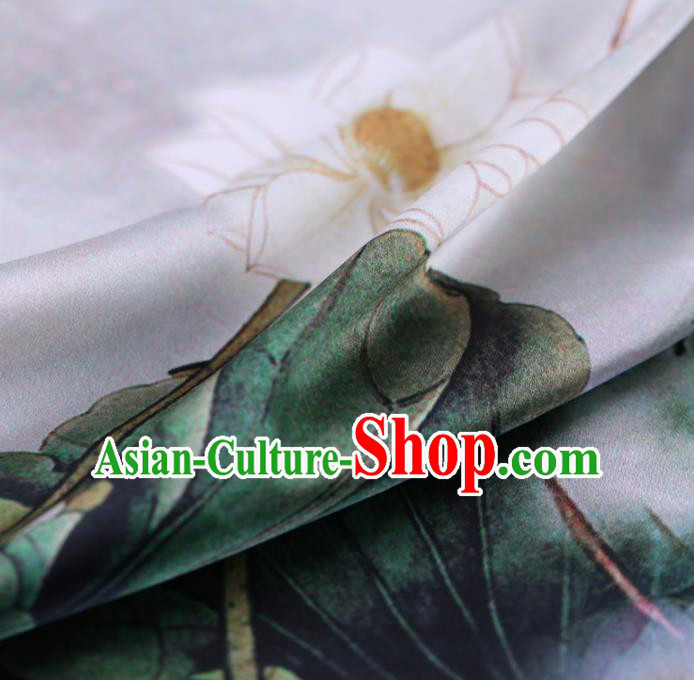 Asian Chinese Silk Fabric Traditional Classical Lotus Pattern White Satin Plain Cheongsam Drapery Gambiered Guangdong Gauze