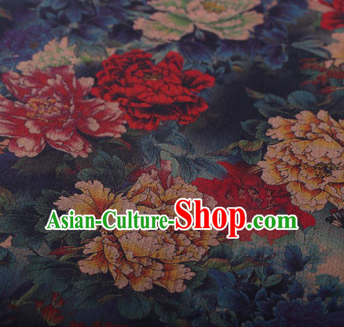 Chinese Traditional Silk Fabric Classical Peony Pattern Blue Satin Plain Cheongsam Drapery Gambiered Guangdong Gauze