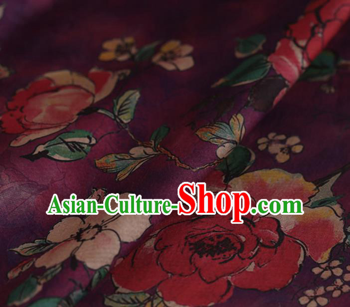 Asian Chinese Silk Fabric Traditional Classical Roses Pattern Purple Satin Plain Cheongsam Drapery Gambiered Guangdong Gauze