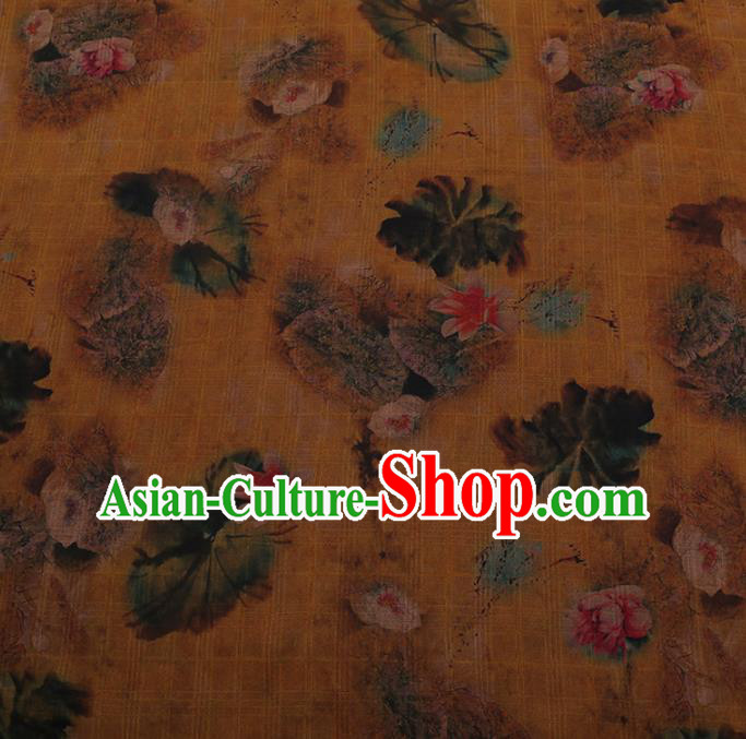 Asian Chinese Silk Fabric Traditional Classical Lotus Pattern Yellow Satin Plain Cheongsam Drapery Gambiered Guangdong Gauze