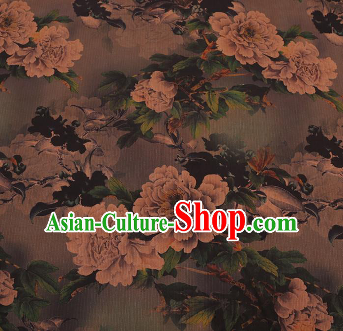 Asian Chinese Gambiered Guangdong Gauze Traditional Brown Satin Plain Classical Peony Pattern Cheongsam Silk Drapery