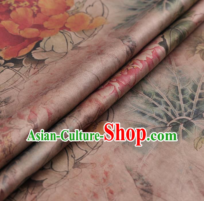 Asian Chinese Gambiered Guangdong Gauze Traditional Pink Satin Plain Classical Peony Pattern Cheongsam Silk Drapery