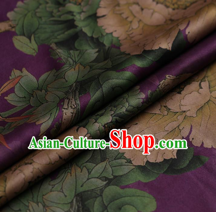 Asian Chinese Gambiered Guangdong Gauze Traditional Purple Satin Plain Classical Peony Pattern Cheongsam Silk Drapery