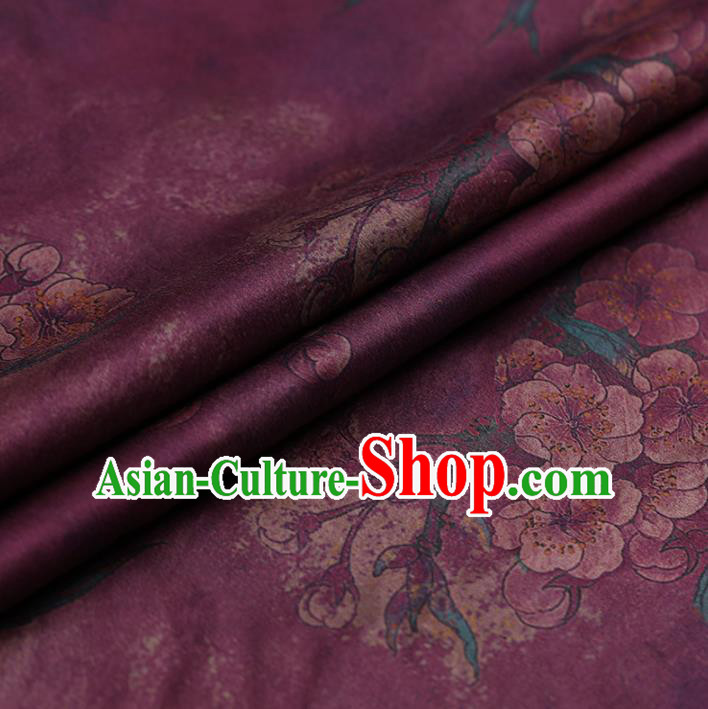 Asian Chinese Traditional Gambiered Guangdong Gauze Purple Satin Plain Classical Plum Blossom Pattern Cheongsam Silk Drapery