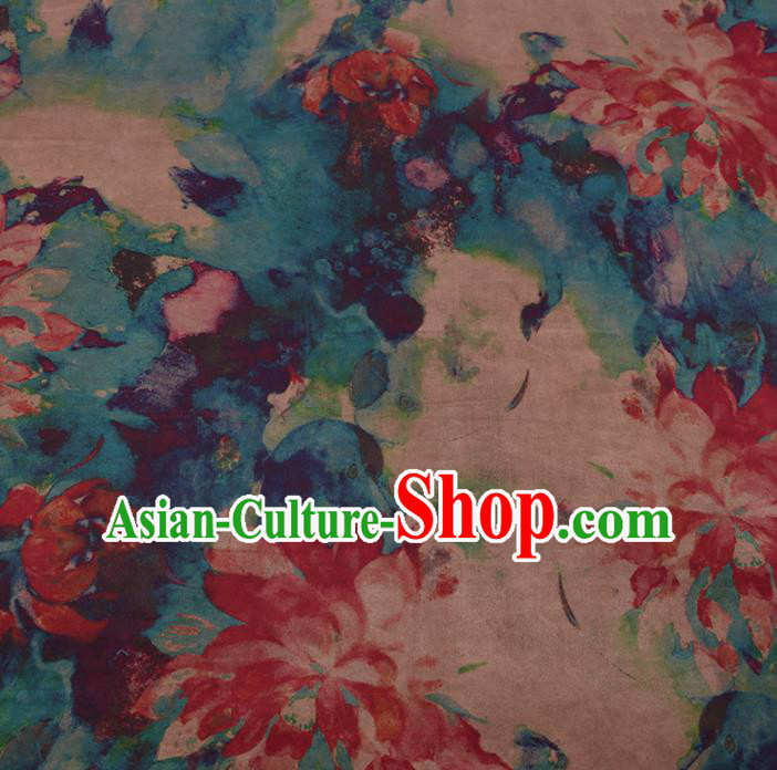 Asian Chinese Traditional Gambiered Guangdong Gauze Blue Satin Plain Classical Lotus Pattern Cheongsam Silk Drapery