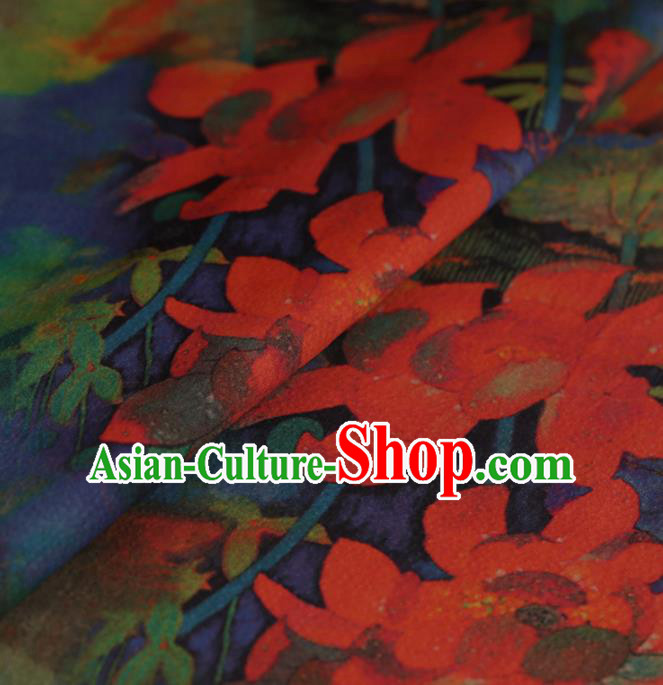 Asian Chinese Traditional Gambiered Guangdong Gauze Navy Satin Plain Classical Lotus Pattern Cheongsam Silk Drapery