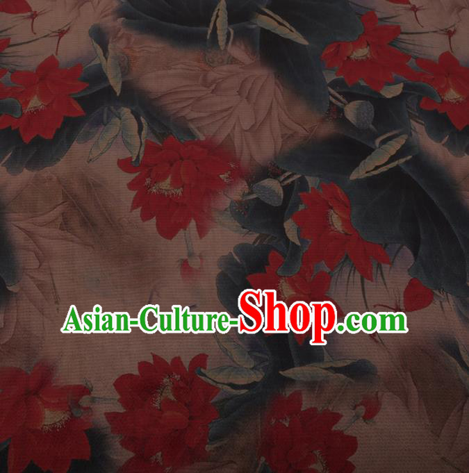 Chinese Traditional Gambiered Guangdong Gauze Satin Plain Classical Red Lotus Pattern Cheongsam Silk Drapery