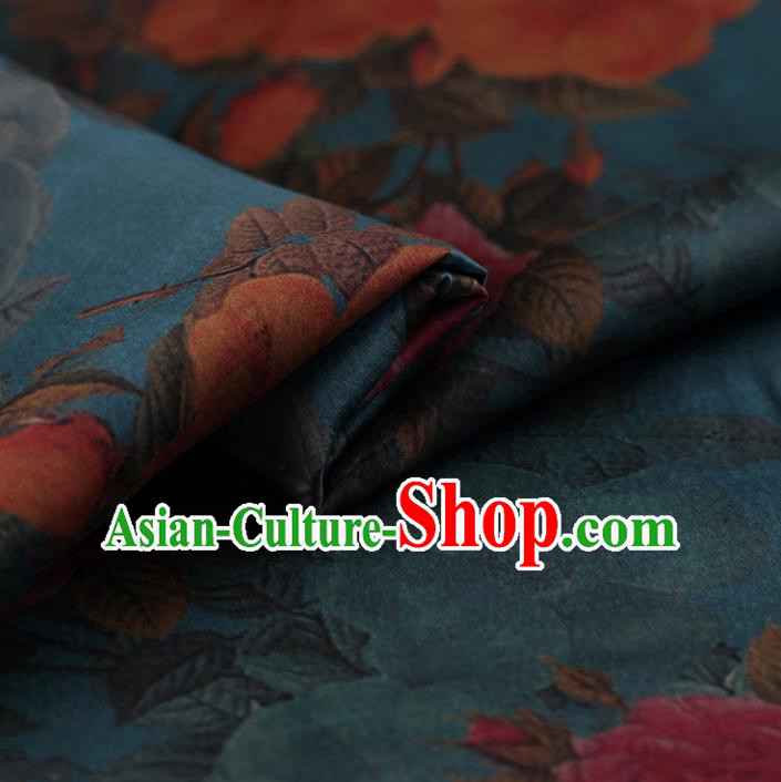 Chinese Traditional Blue Gambiered Guangdong Gauze Satin Plain Classical Peony Pattern Cheongsam Silk Drapery