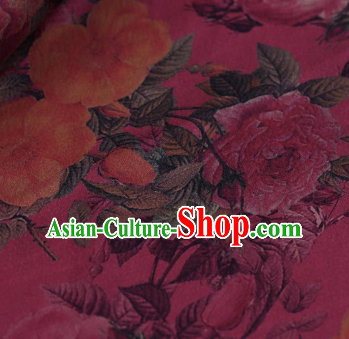 Chinese Traditional Rosy Gambiered Guangdong Gauze Satin Plain Classical Peony Pattern Cheongsam Silk Drapery