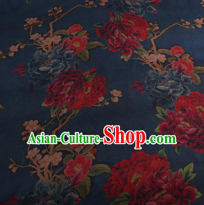 Chinese Traditional Navy Gambiered Guangdong Gauze Satin Plain Classical Peony Pattern Cheongsam Silk Drapery
