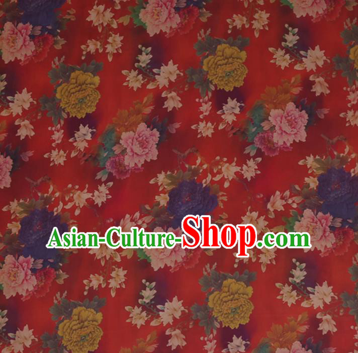 Traditional Chinese Red Gambiered Guangdong Gauze Satin Plain Classical Peony Pattern Cheongsam Silk Drapery