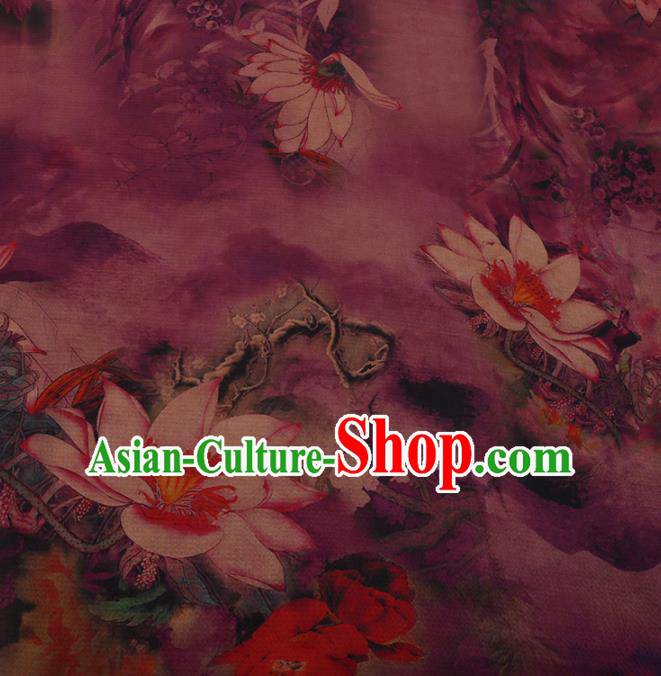 Chinese Traditional Purple Gambiered Guangdong Gauze Satin Plain Classical Lotus Pattern Cheongsam Silk Drapery