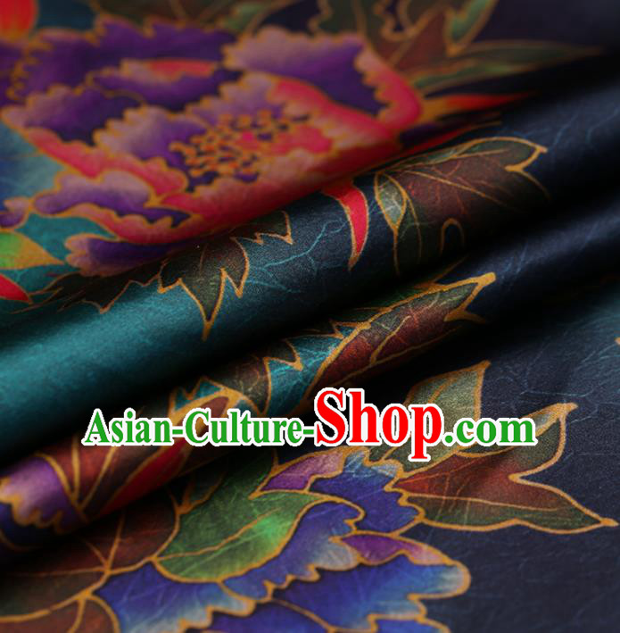 Traditional Chinese Blue Gambiered Guangdong Gauze Satin Plain Classical Peony Pattern Cheongsam Silk Drapery