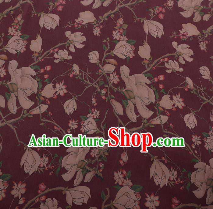 Traditional Chinese Purple Gambiered Guangdong Gauze Satin Plain Classical Yulan Magnolia Pattern Cheongsam Silk Drapery