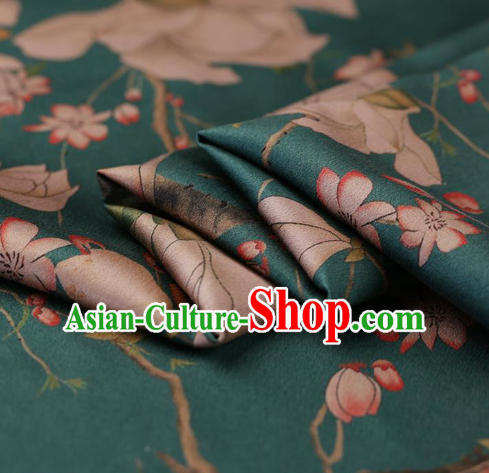 Traditional Chinese Green Gambiered Guangdong Gauze Satin Plain Classical Yulan Magnolia Pattern Cheongsam Silk Drapery