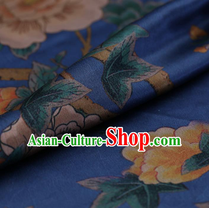 Traditional Chinese Blue Gambiered Guangdong Gauze Satin Plain Classical Peony Pattern Cheongsam Silk Drapery