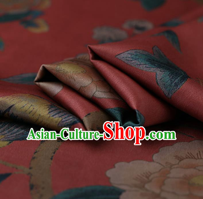 Traditional Chinese Red Gambiered Guangdong Gauze Satin Plain Classical Peony Pattern Cheongsam Silk Drapery