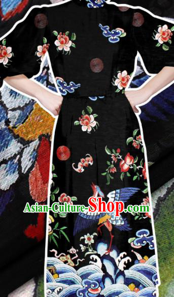 Chinese Traditional Brocade Fabric Palace Cranes Pattern Satin Plain Cheongsam Black Silk Drapery